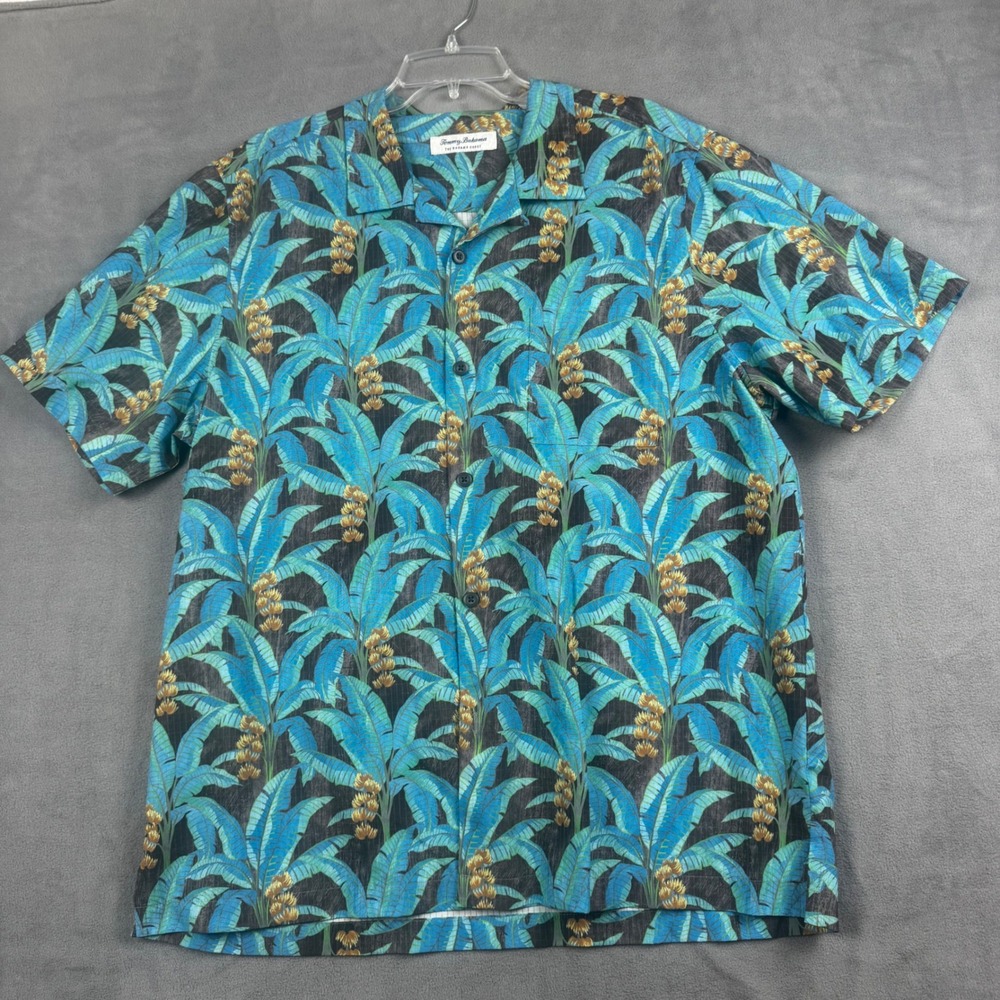 Tommy Bahama IslandZone Mens XL Blue Banana Leaf Palm Print Camp Shirt XL